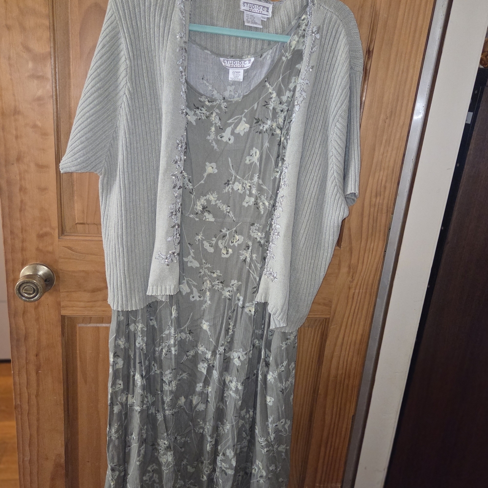 Studio Sage Green Floral Dress with Cardigan